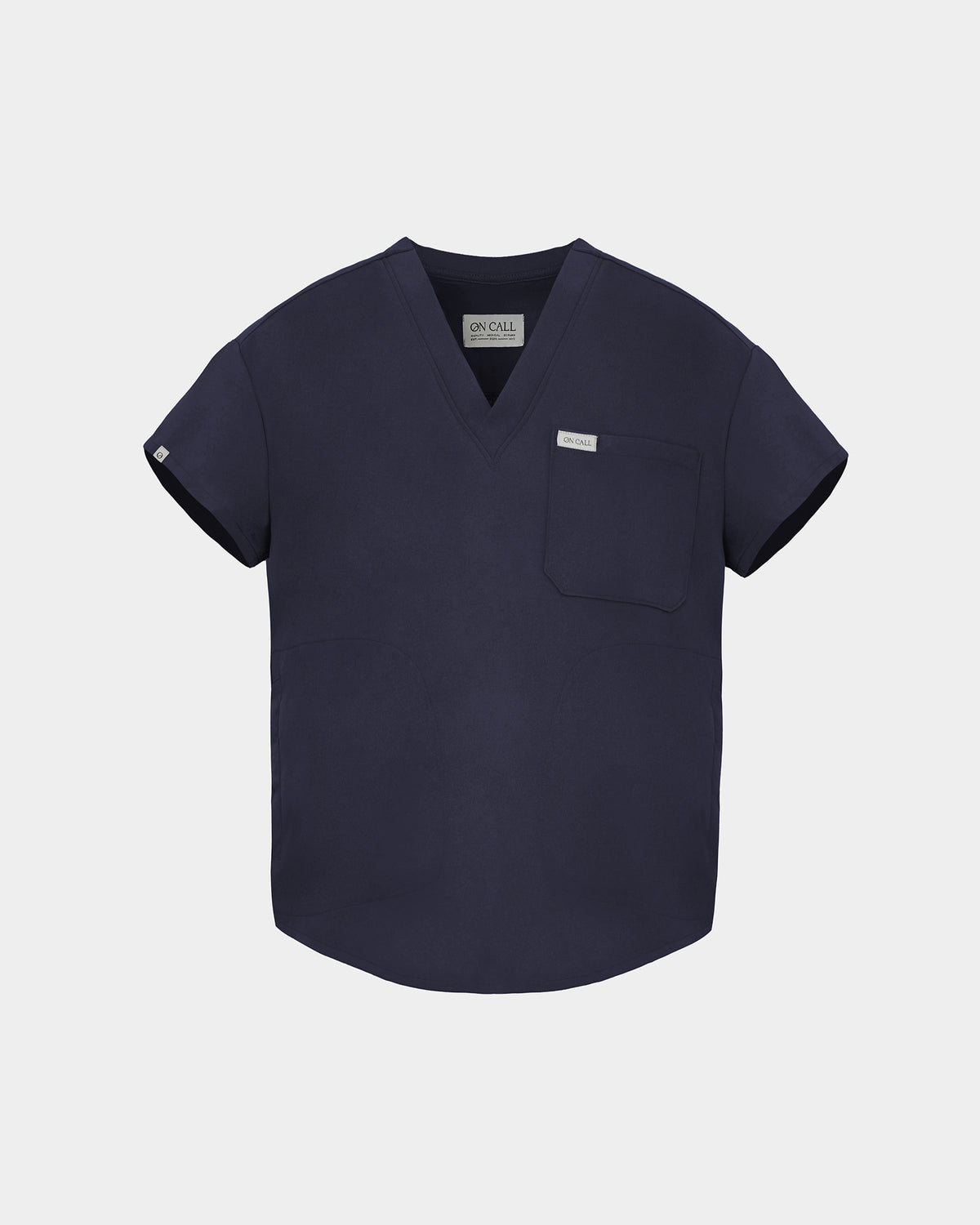 A navy blue scrub top with a V-neck, short sleeves, and a chest pocket, shown against a light gray background.