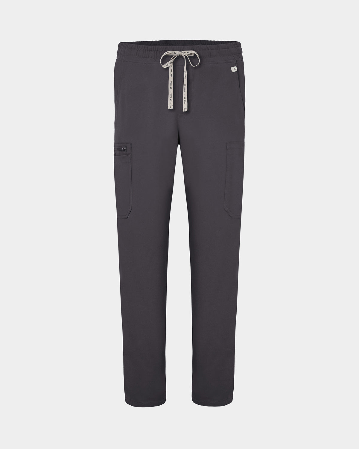 Dark gray scrub pants with a drawstring waist and cargo pockets, shown flat on a light gray background.
