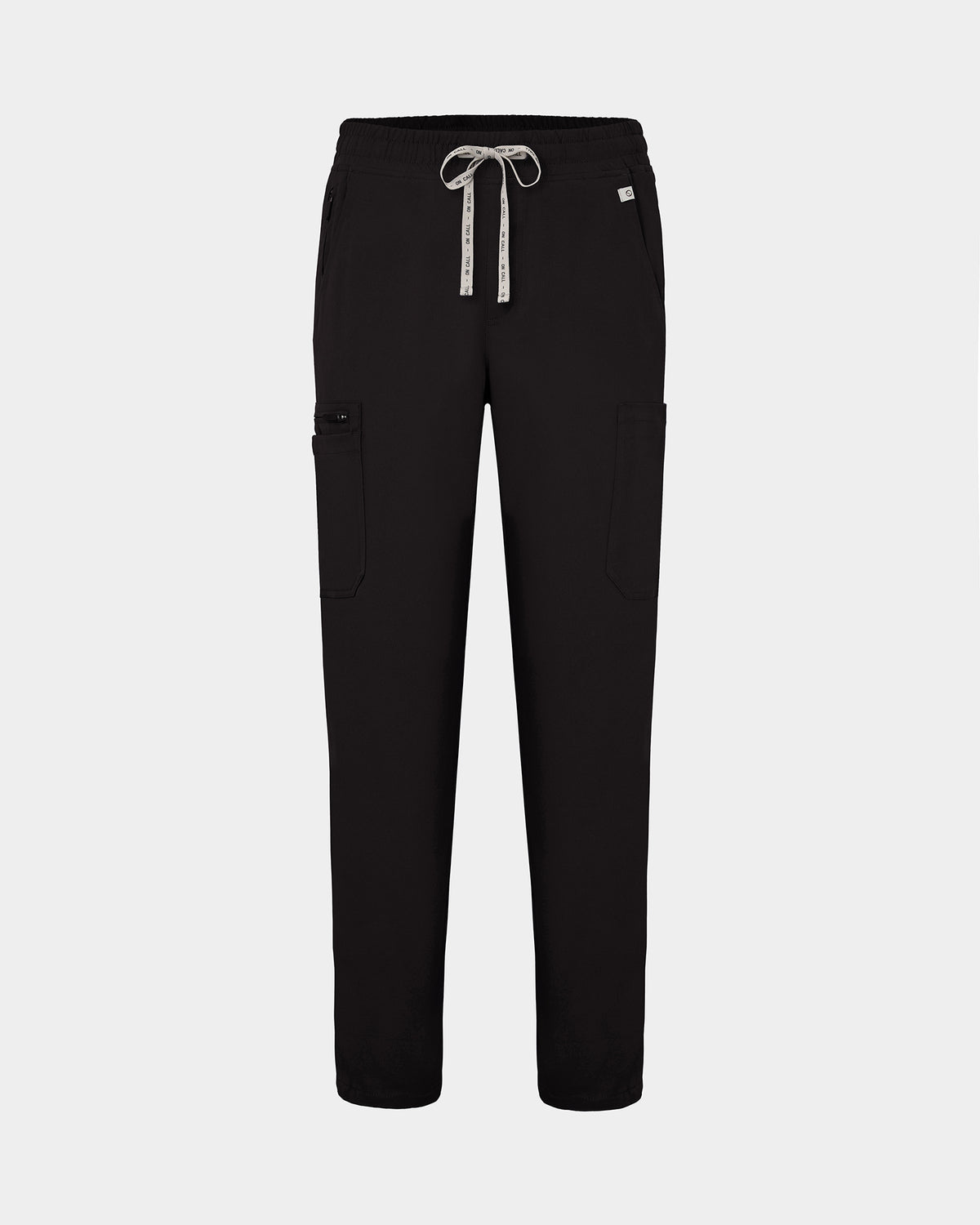 Black straight leg scrub pants with cargo pockets and a logo drawstring.