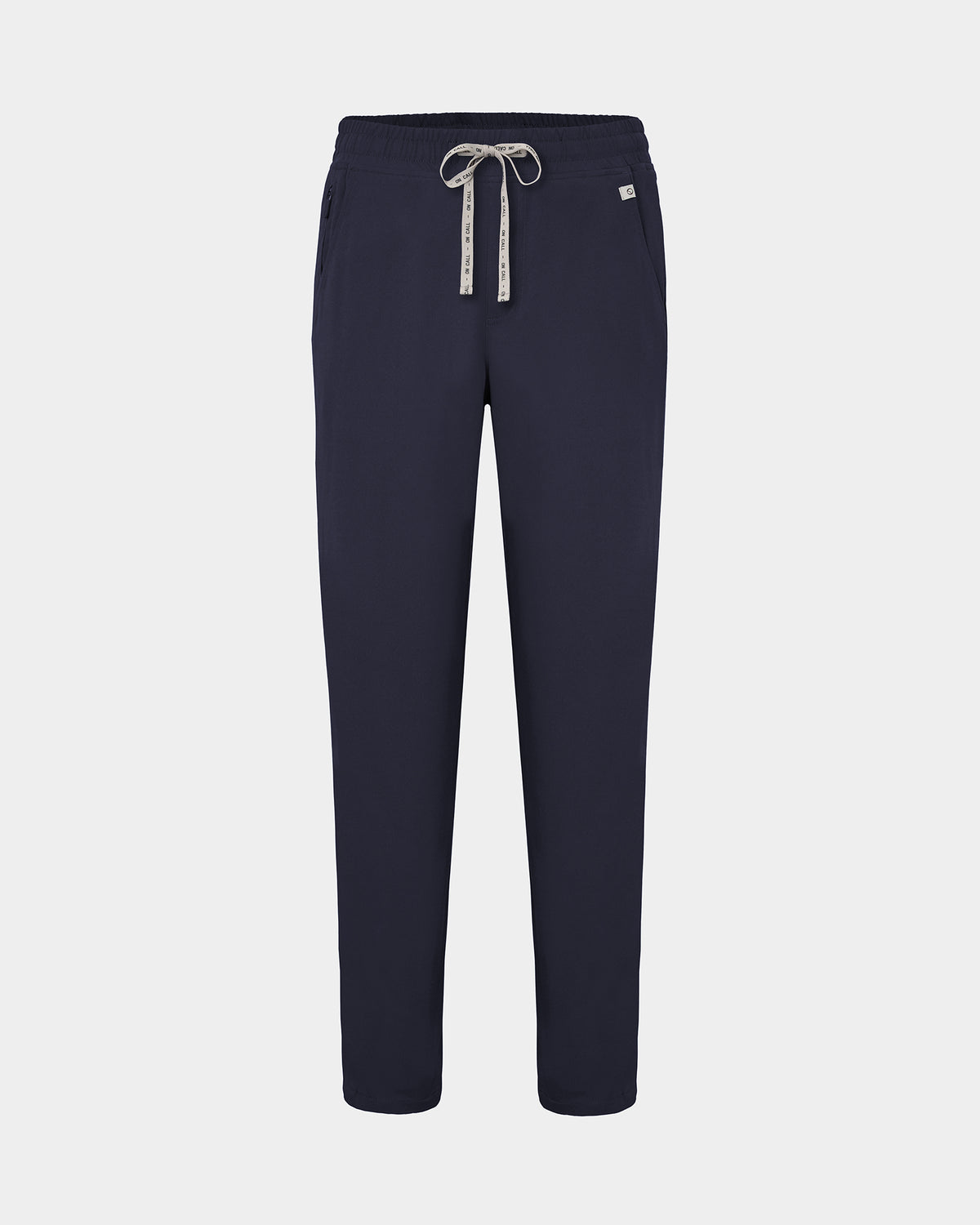 Navy straight leg scrub pants with a logo drawstring tie, two waist pockets, including one with a hidden zip compartment.