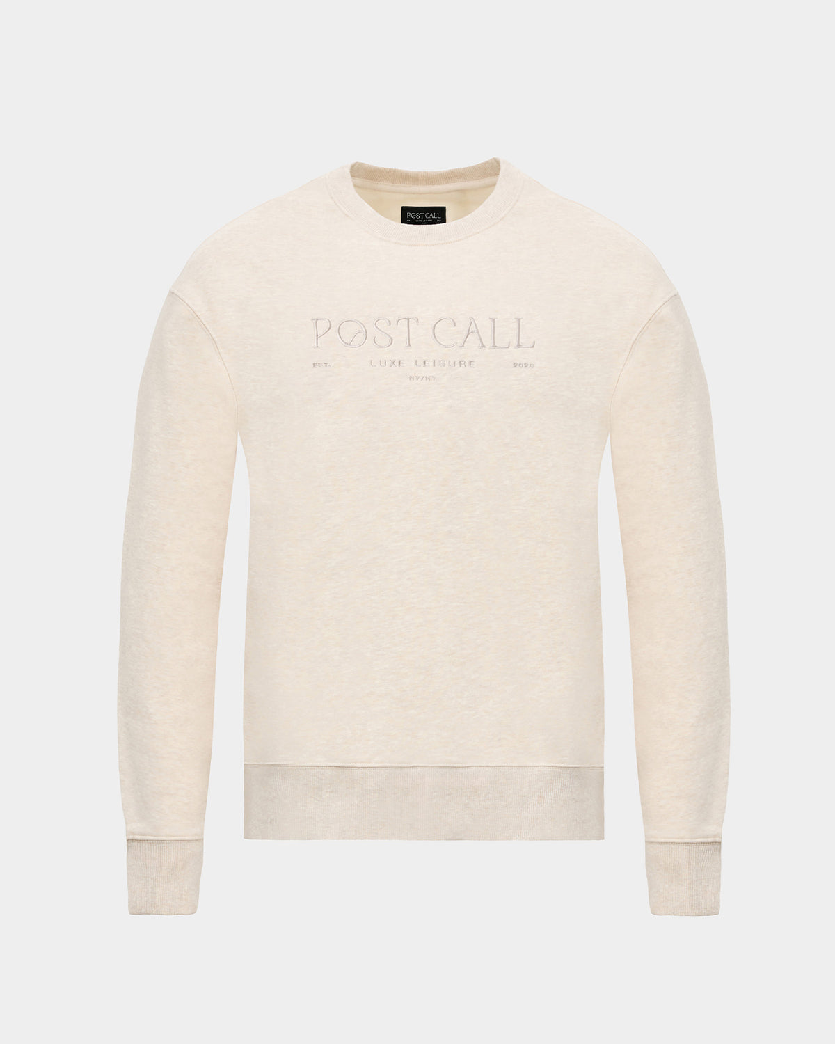 A heather beige crewneck sweatshirt with a tonal embroidered 'POST CALL' logo on the center of the chest, displayed on a clean light gray background.