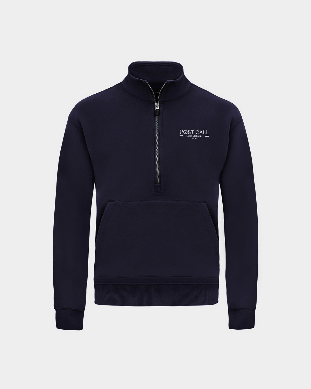 A navy long-sleeve quarter-zip pullover sweatshirt with a small white 'POST CALL' logo on the left chest and kangaroo pocket displayed on a clean light gray background.