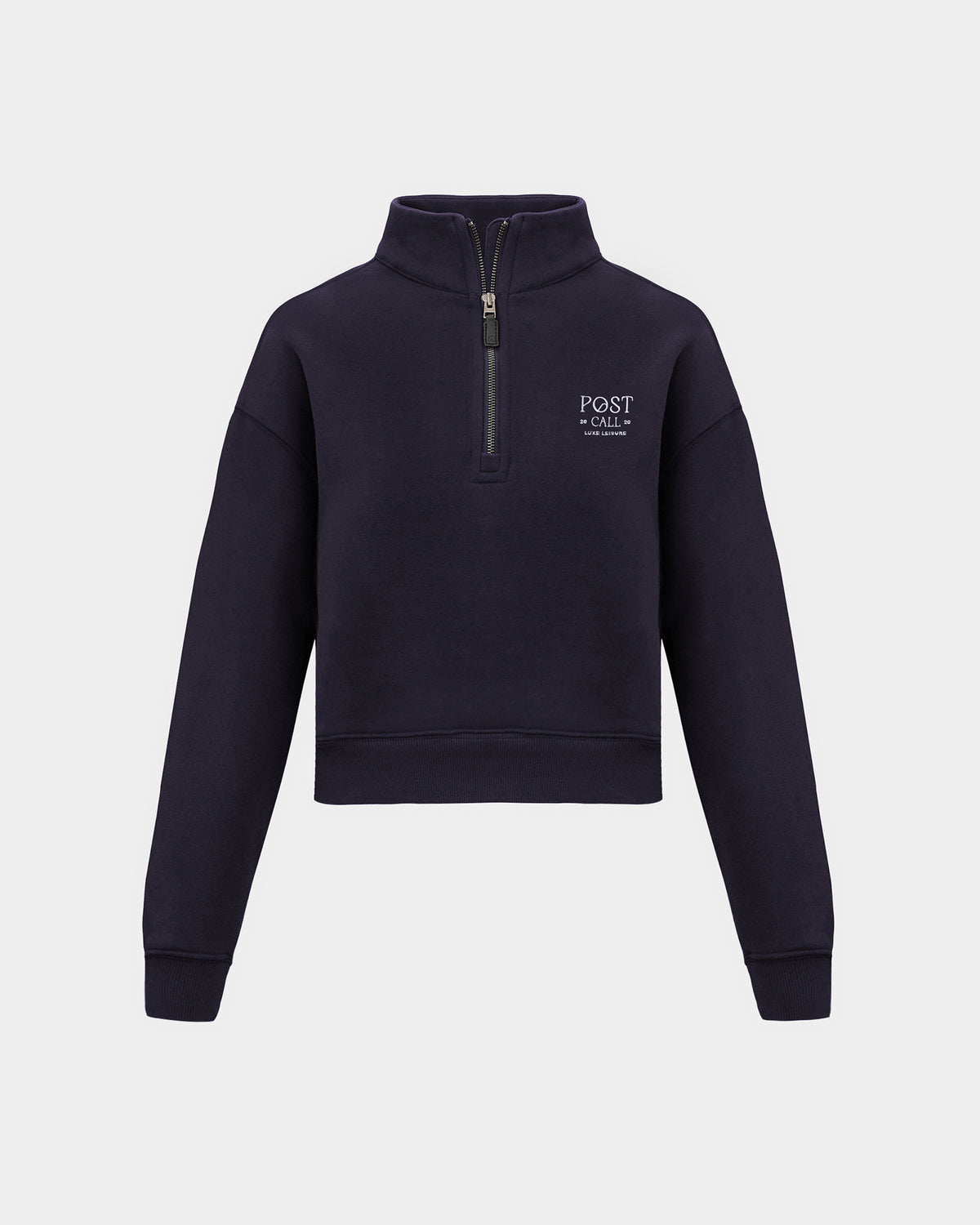 A navy long-sleeve quarter-zip pullover sweatshirt with a small white 'POST CALL' logo on the left chest displayed on a clean light gray background.