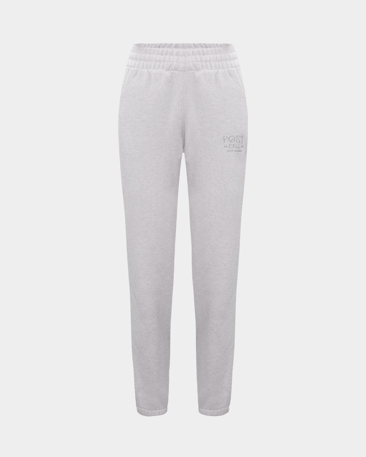 Light gray heather sweatpants with an elastic waistband and a small gray 'POST' logo embroidered on the upper left thigh, shown against a light gray background.