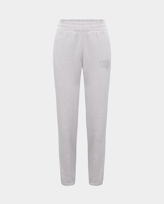 Light gray heather sweatpants with an elastic waistband and a small gray 'POST' logo embroidered on the upper left thigh, shown against a light gray background.