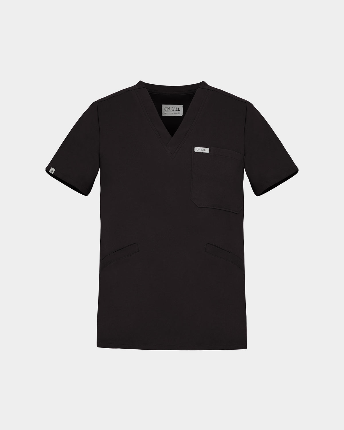 Black v-neck scrub shirt with a chest pocket and rectangular logo label.