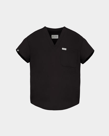 A black short-sleeve V-neck scrub top with a chest pocket and a small white brand tag, displayed on a light gray background.