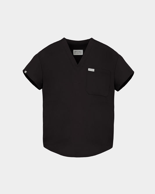 A black short-sleeve V-neck scrub top with a chest pocket and a small white brand tag, displayed on a light gray background.