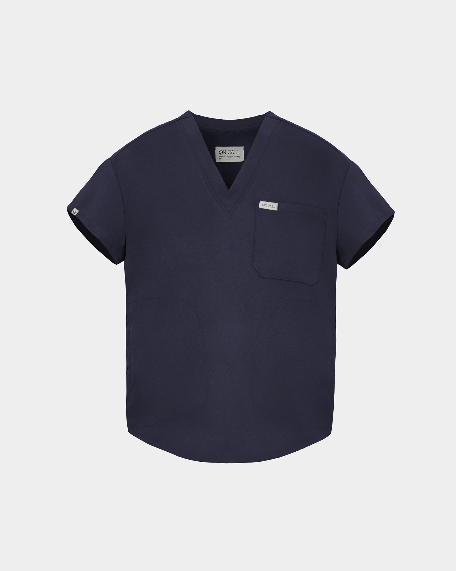 A navy blue scrub top with a V-neck, short sleeves, and a chest pocket, shown against a light gray background.