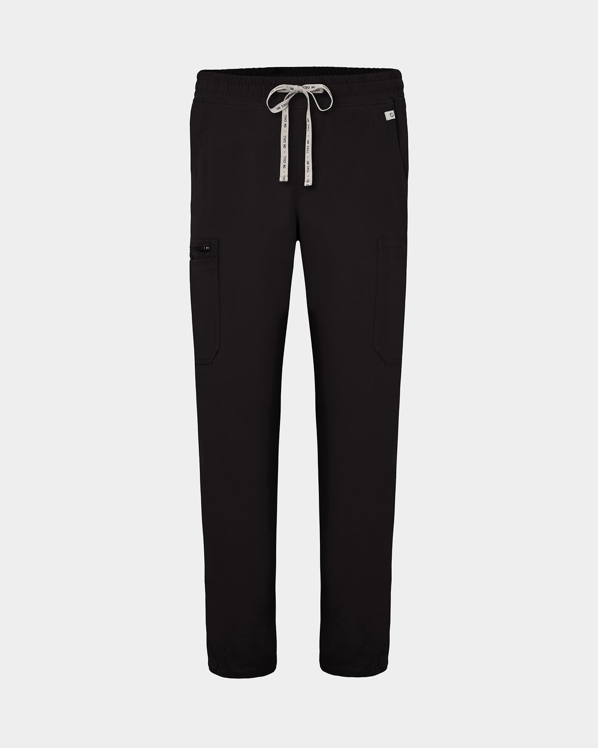 Black scrub pants with cargo pockets, a logo drawstring tie, set against a solid light grey background.