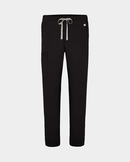 Black scrub pants with cargo pockets, a logo drawstring tie, set against a solid light grey background.