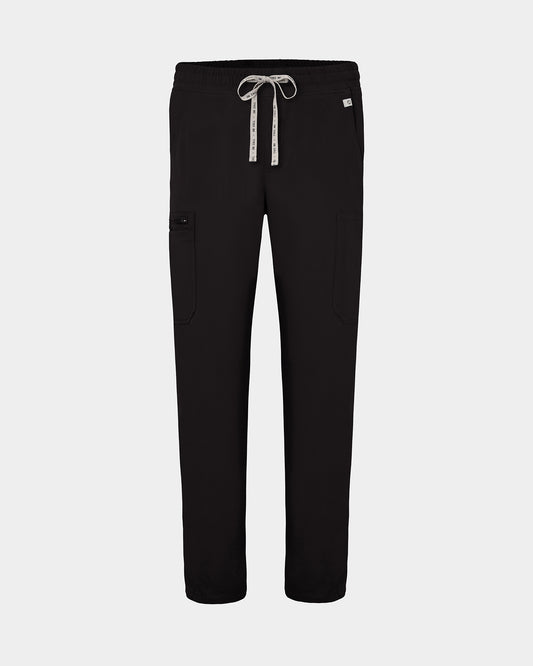 Black scrub pants with cargo pockets, a logo drawstring tie, set against a solid light grey background.