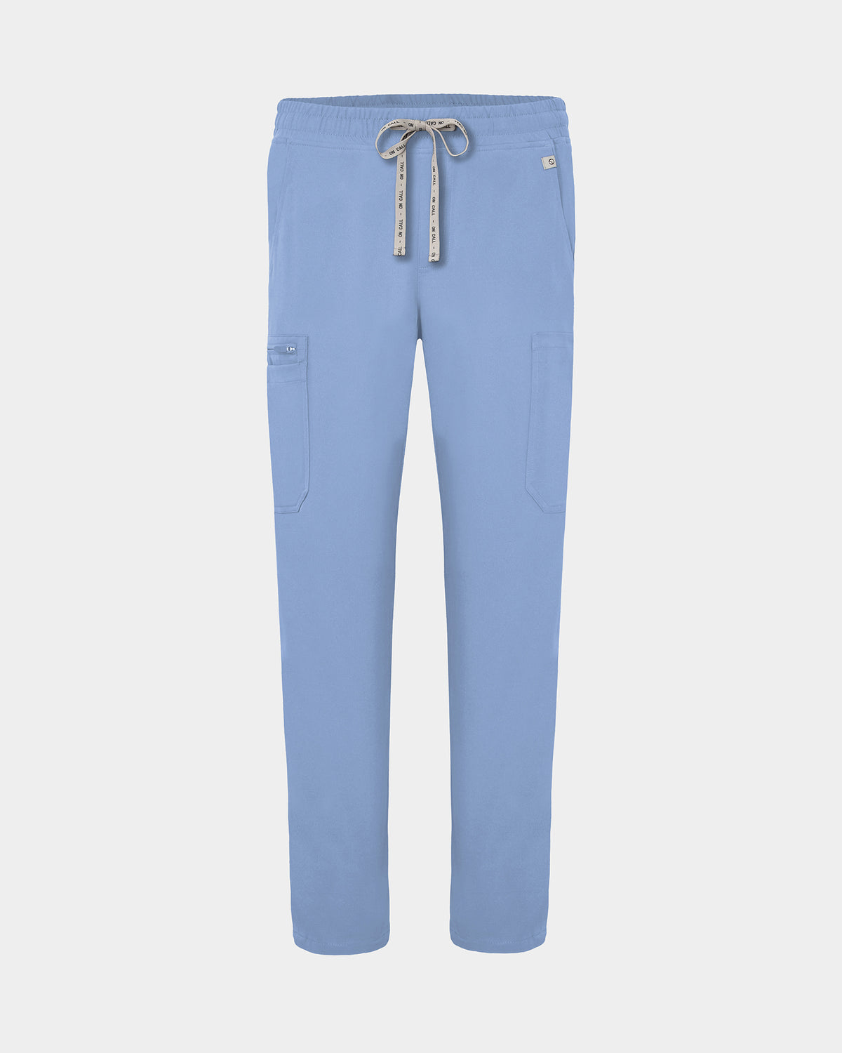 Light blue scrub pants with cargo pockets, a logo drawstring tie, set against a solid light grey background.