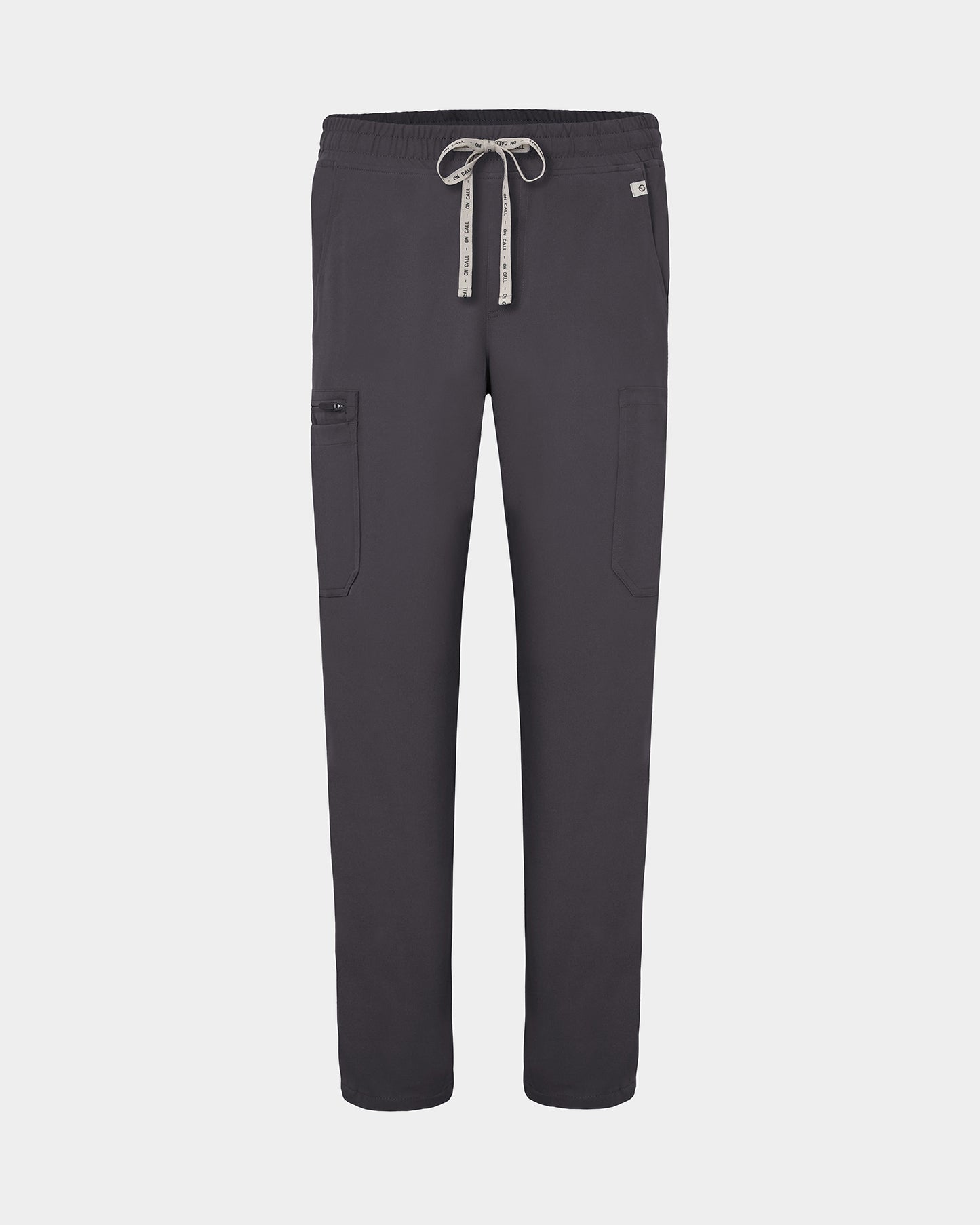 Dark gray scrub pants with a drawstring waist and cargo pockets, shown flat on a light gray background.