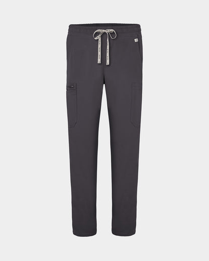 Dark gray scrub pants with a drawstring waist and cargo pockets, shown flat on a light gray background.