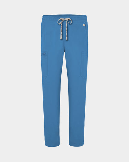 Bright blue scrub pants with cargo pockets, a logo drawstring tie, set against a solid light grey background.