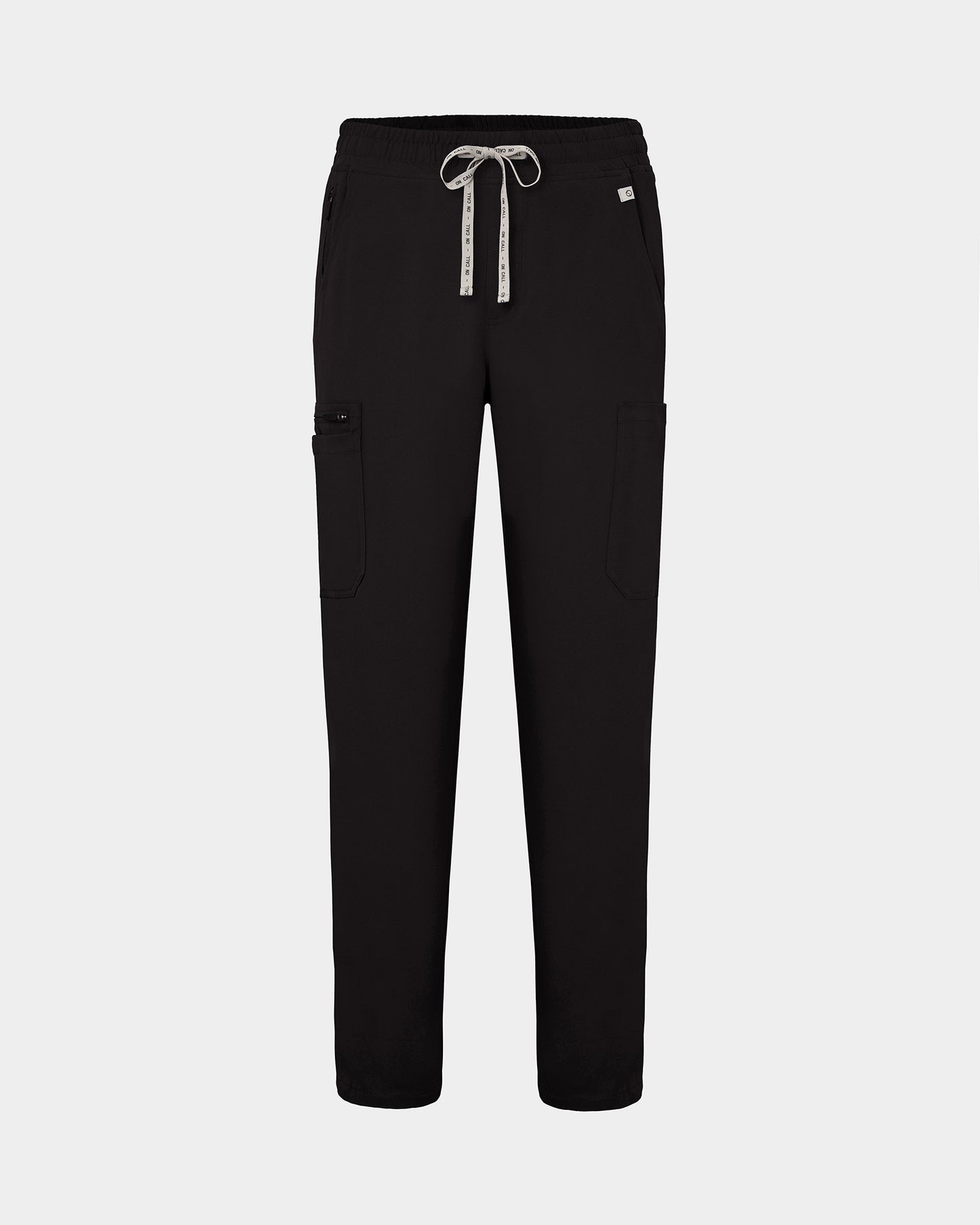 Black straight leg scrub pants with cargo pockets and a logo drawstring.