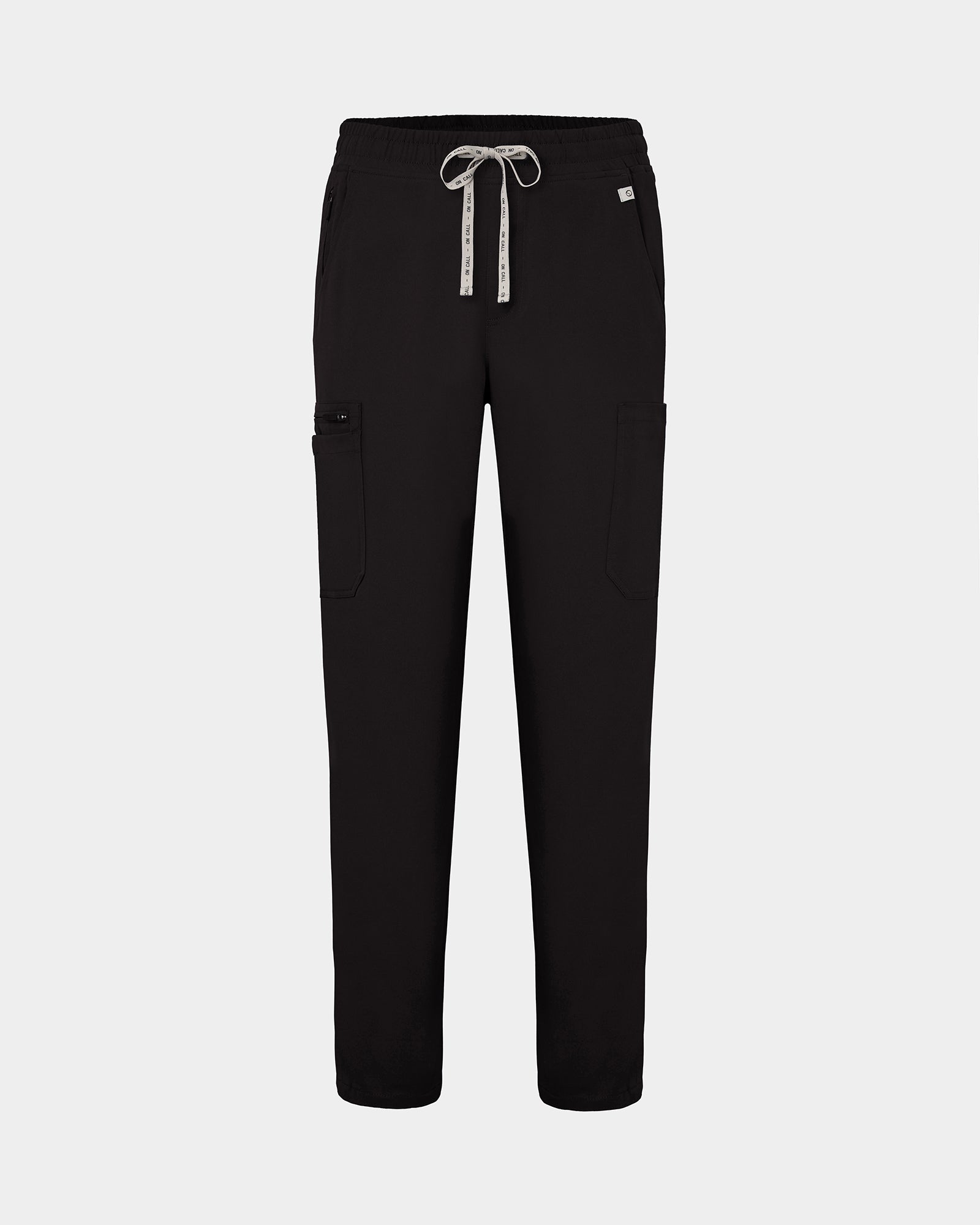 Black straight leg scrub pants with cargo pockets and a logo drawstring.