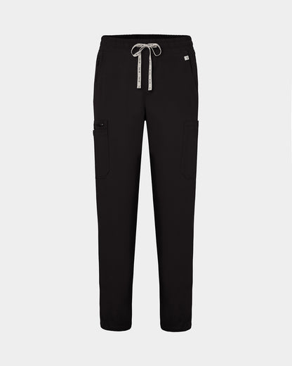 Black straight leg scrub pants with cargo pockets and a logo drawstring.
