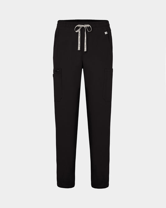 Black straight leg scrub pants with cargo pockets and a logo drawstring.