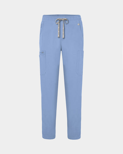 Light blue scrub pants with a drawstring waist, side cargo pockets, and a small logo on the upper right hip, shown against a light gray background.