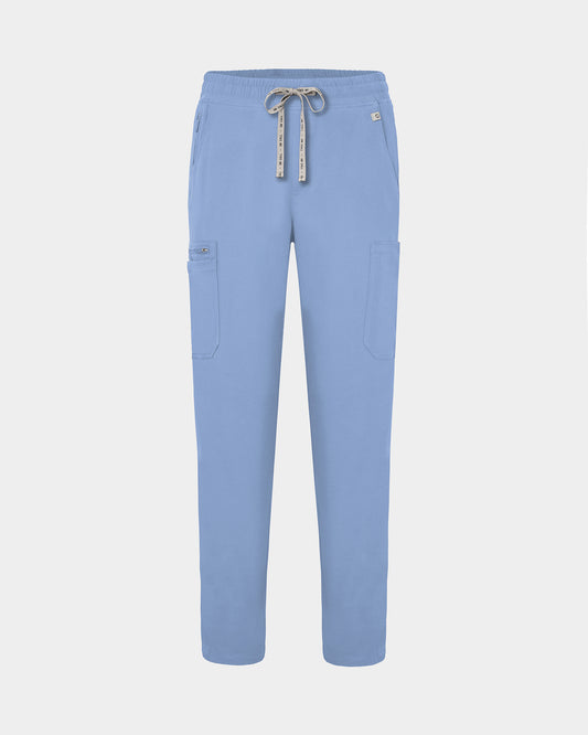 Light blue scrub pants with a drawstring waist, side cargo pockets, and a small logo on the upper right hip, shown against a light gray background.