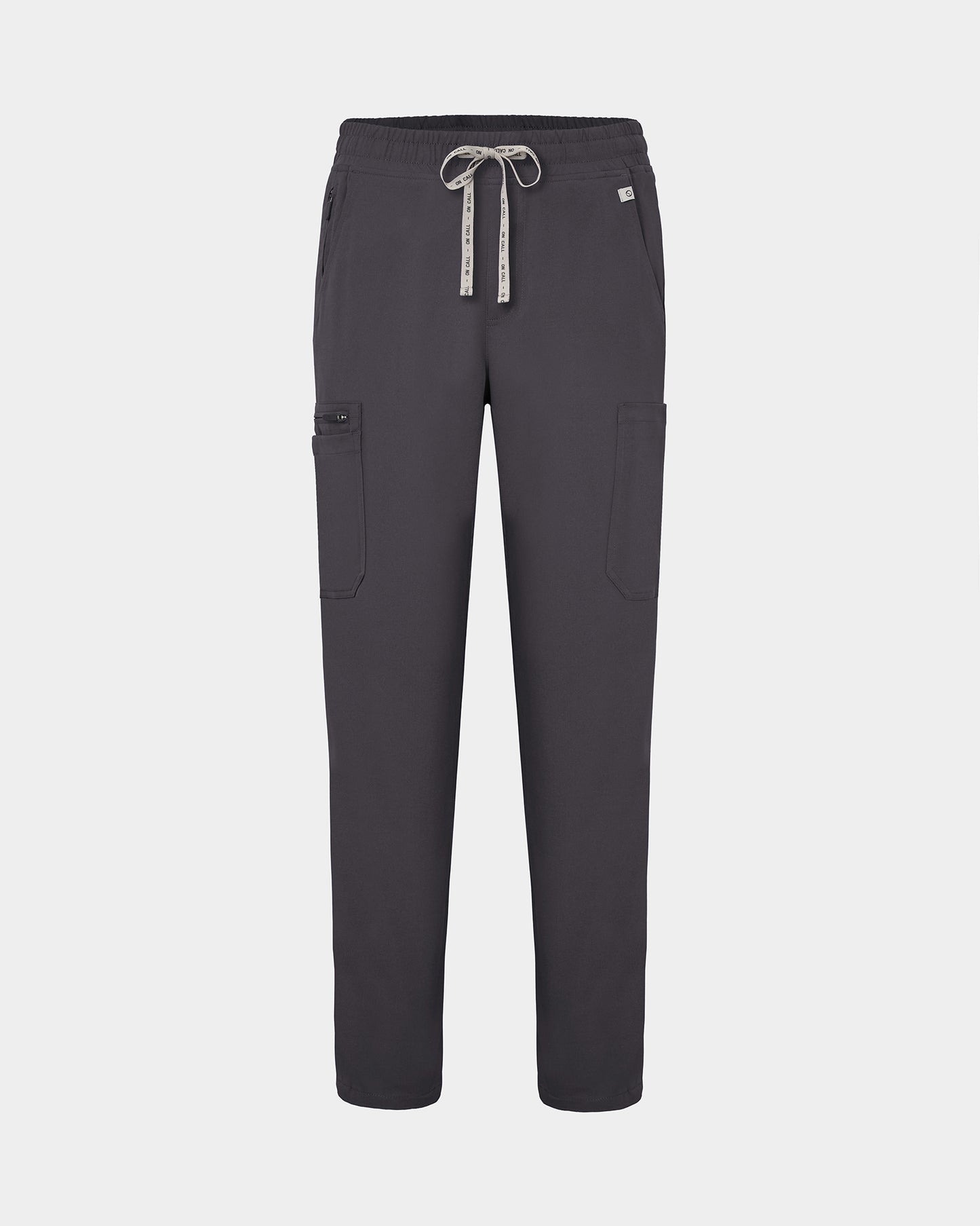 Dark grey scrub pants with straight legs, cargo pockets, and a logo drawstring.