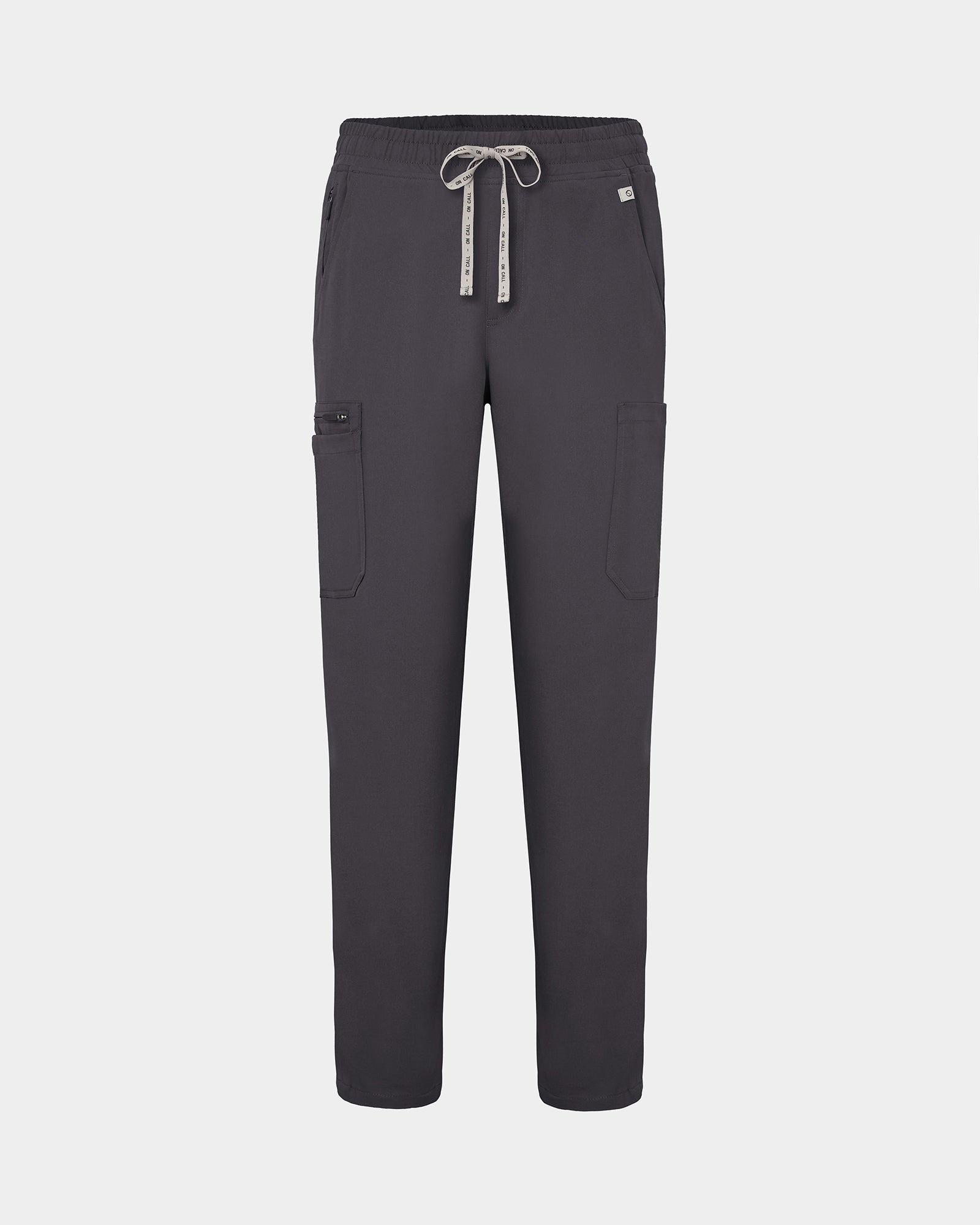 Dark grey scrub pants with straight legs, cargo pockets, and a logo drawstring.