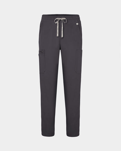 Dark grey scrub pants with straight legs, cargo pockets, and a logo drawstring.