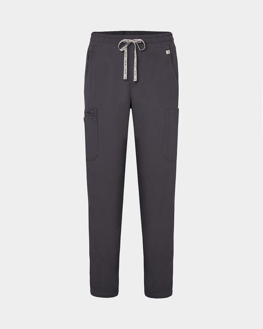 Dark grey scrub pants with straight legs, cargo pockets, and a logo drawstring.