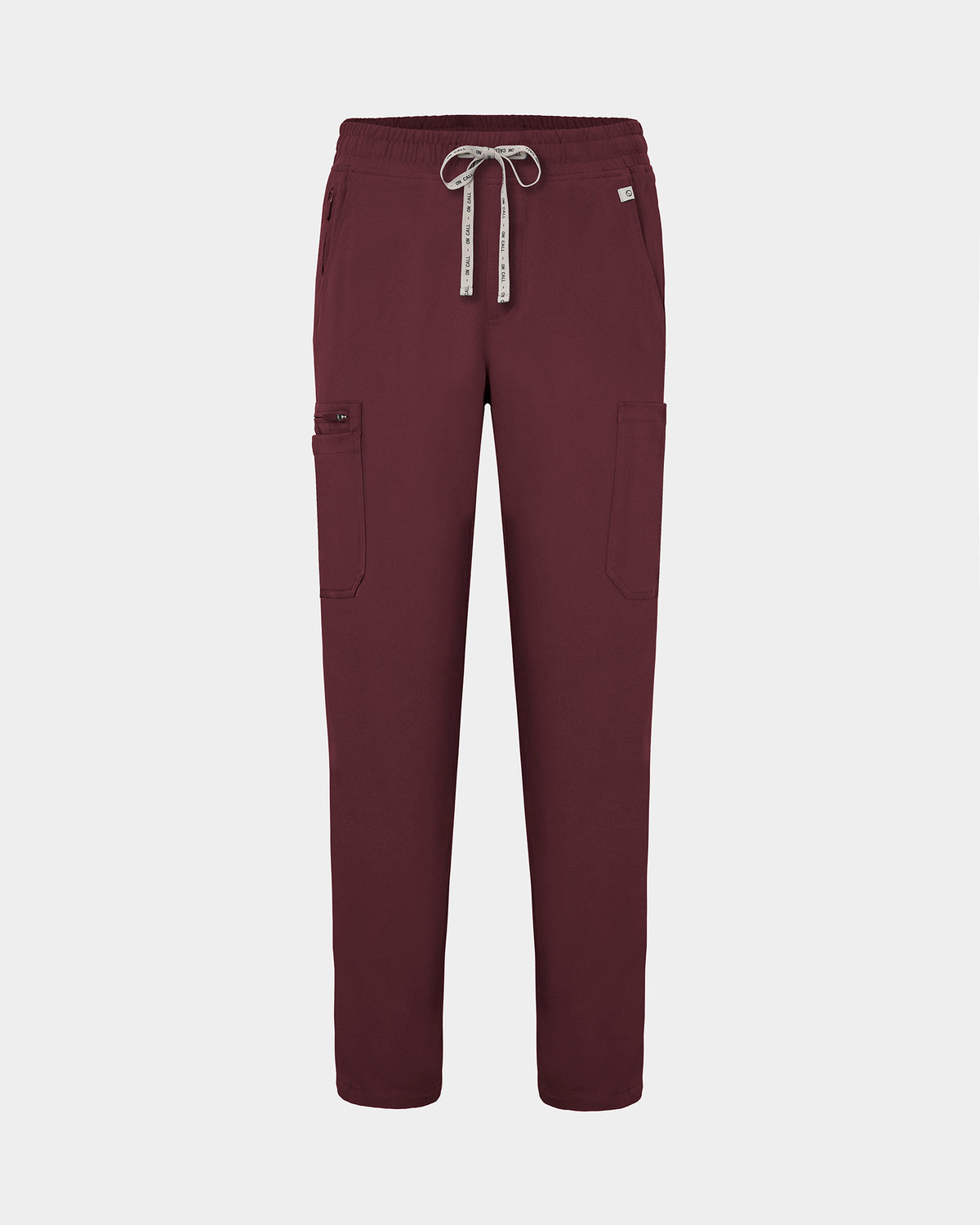 Heme red colored scrub pants with straight legs, cargo pockets, and a logo drawstring.