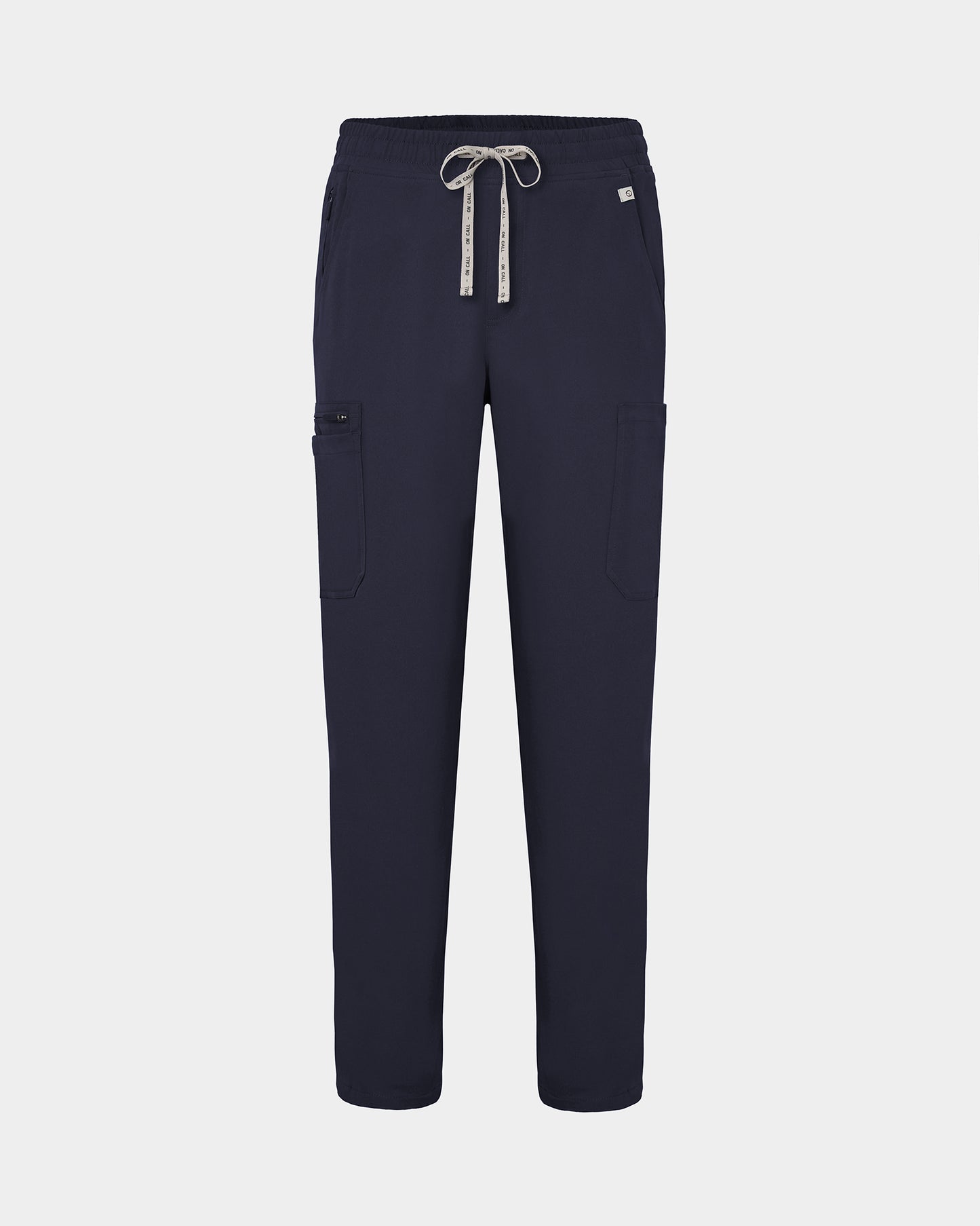Navy straight leg scrub pants with cargo pockets and a logo drawstring tie.