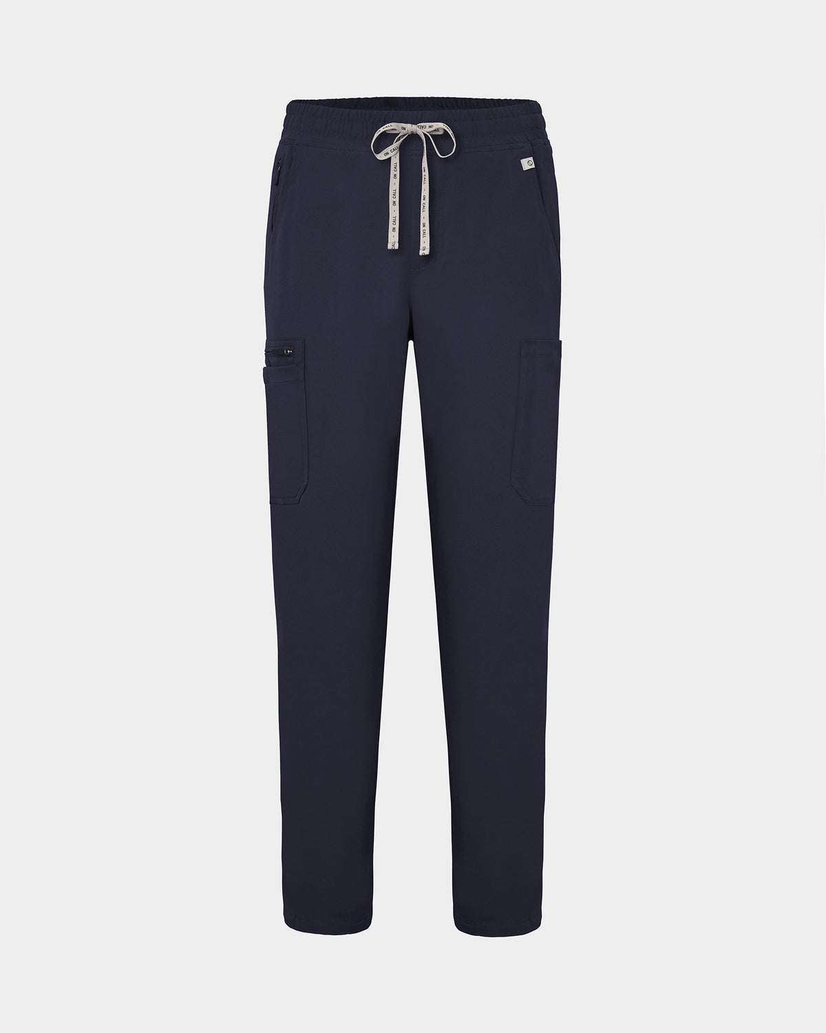 Navy straight leg scrub pants with cargo pockets and a logo drawstring tie.