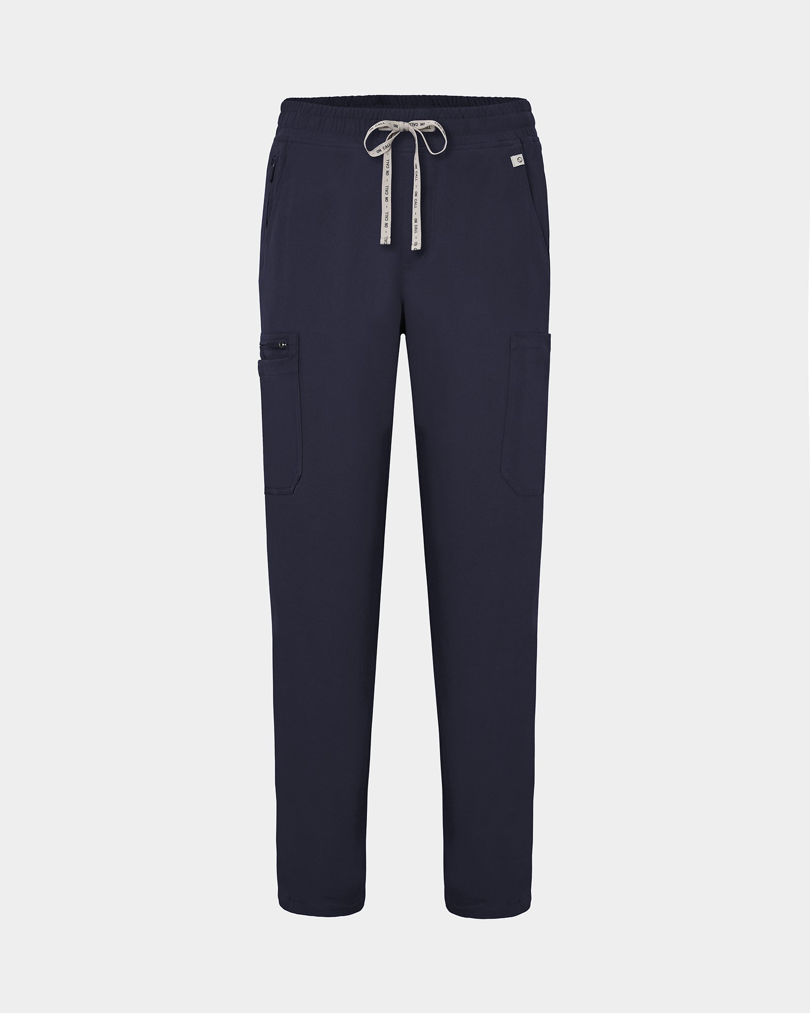 Navy straight leg scrub pants with cargo pockets and a logo drawstring tie.
