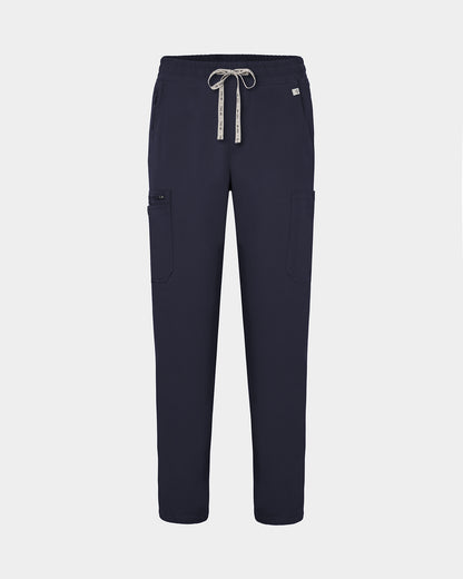 Navy straight leg scrub pants with cargo pockets and a logo drawstring tie.