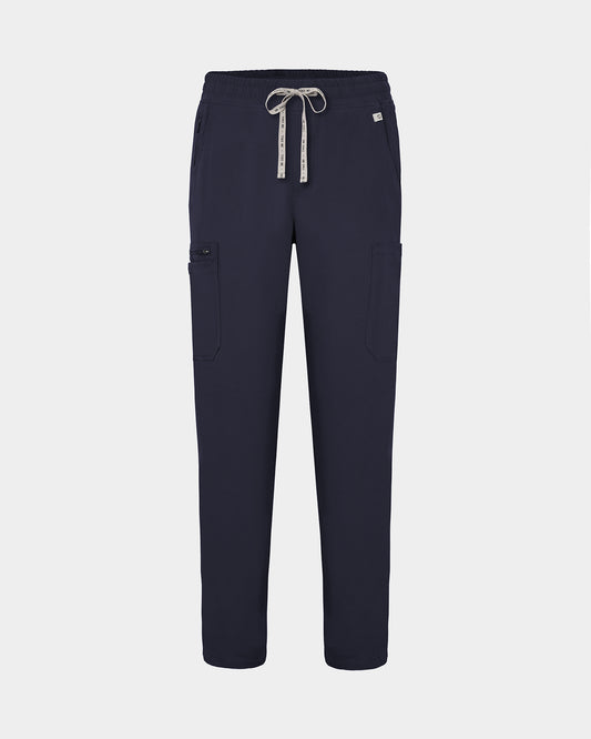 Navy straight leg scrub pants with cargo pockets and a logo drawstring tie.