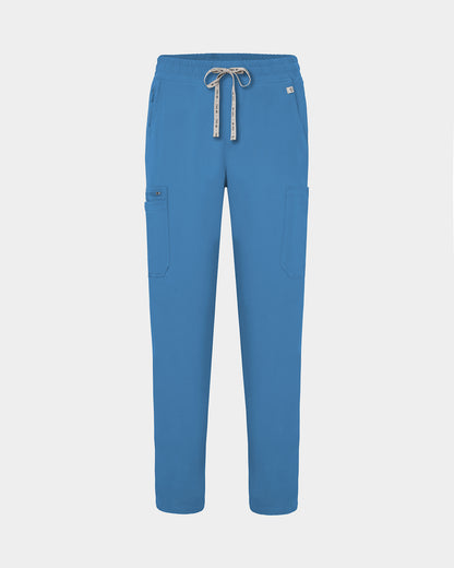 Bright blue straight leg scrub pants with two cargo pockets and a logo drawstring tie.