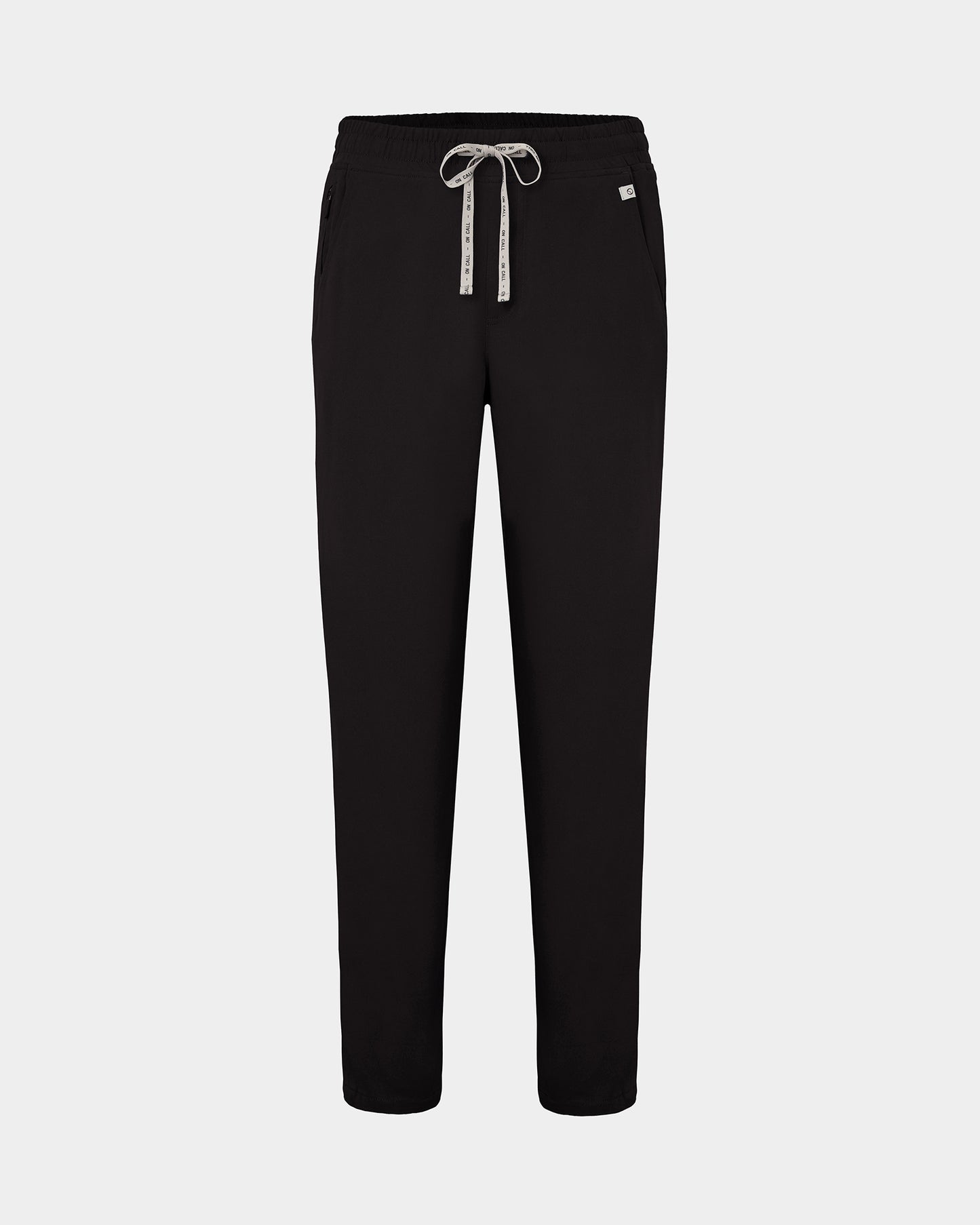 Black straight leg scrub pants with a logo drawstring tie.