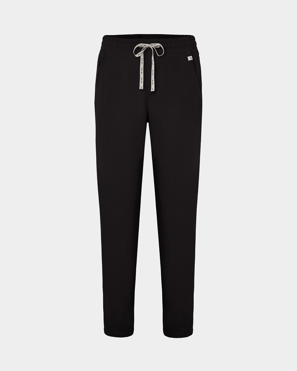 Black straight leg scrub pants with a logo drawstring tie.