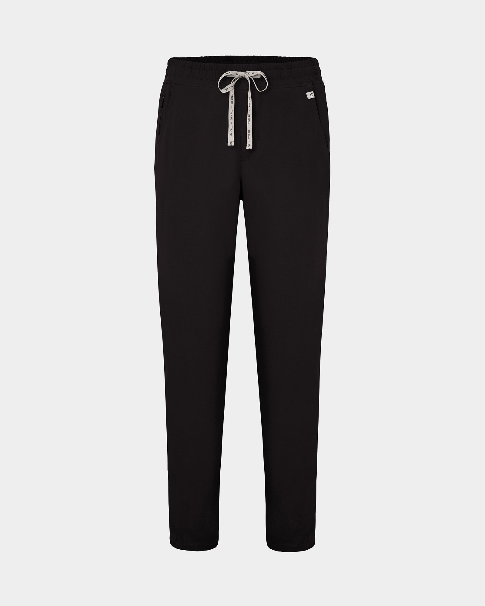 Black straight leg scrub pants with a logo drawstring tie.
