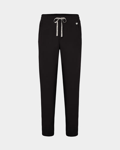 Black straight leg scrub pants with a logo drawstring tie.