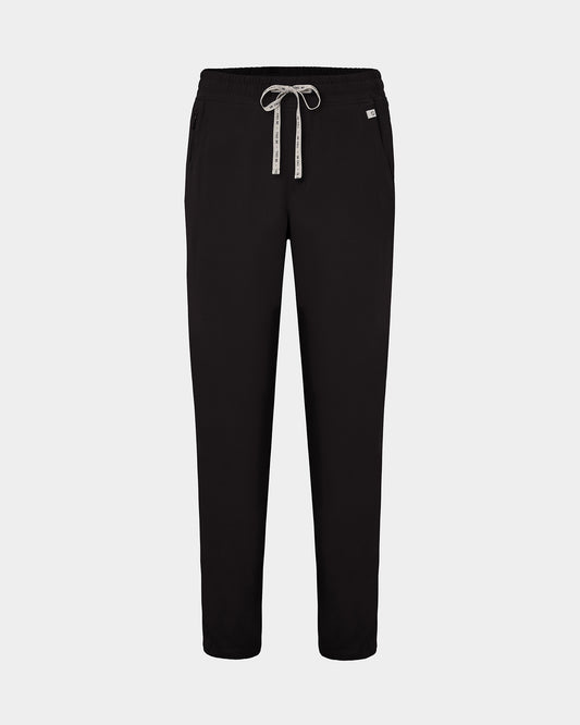 Black straight leg scrub pants with a logo drawstring tie.