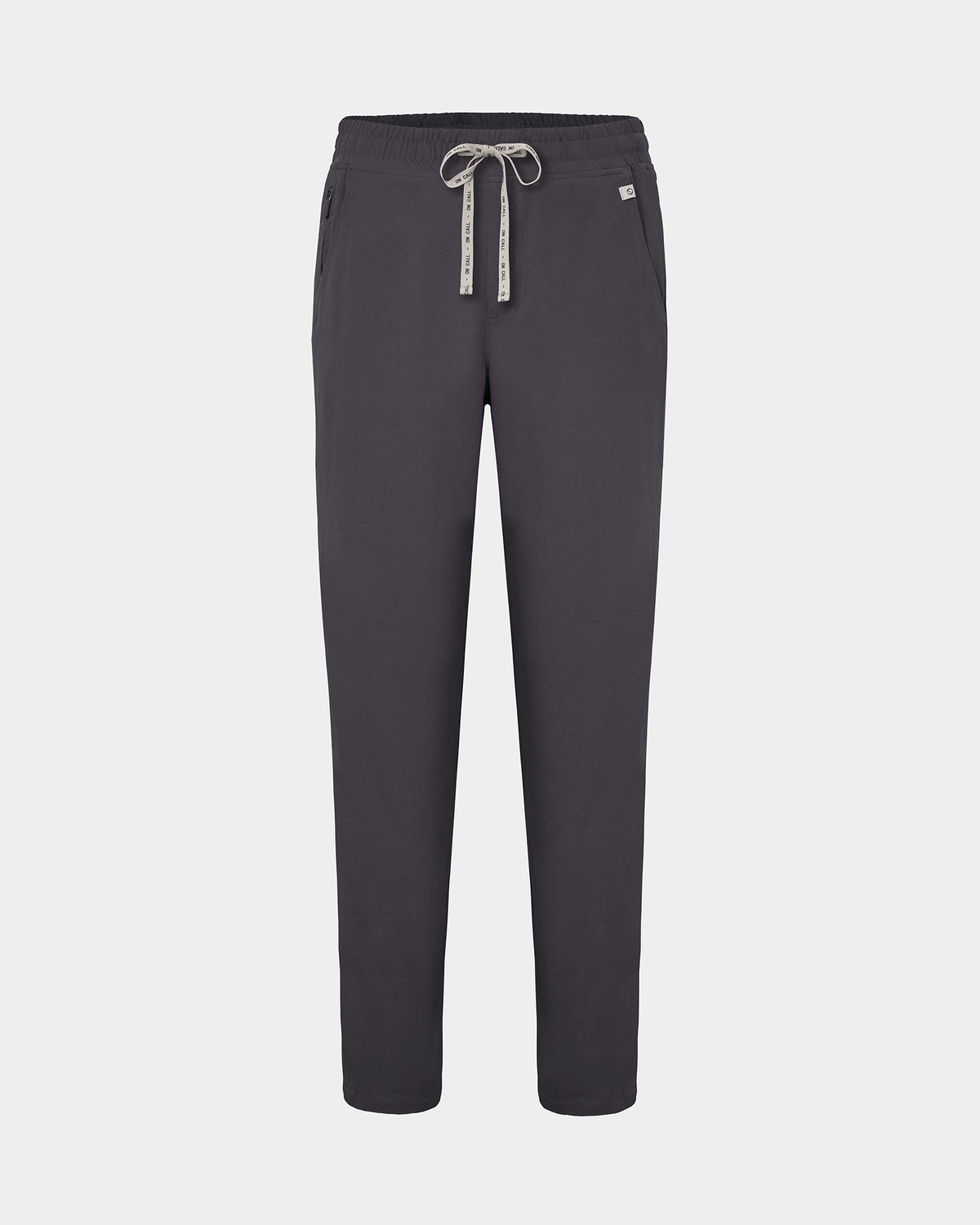 Dark grey straight leg scrub pants with a logo drawstring tie, two waist pockets, including one with a hidden zip compartment.