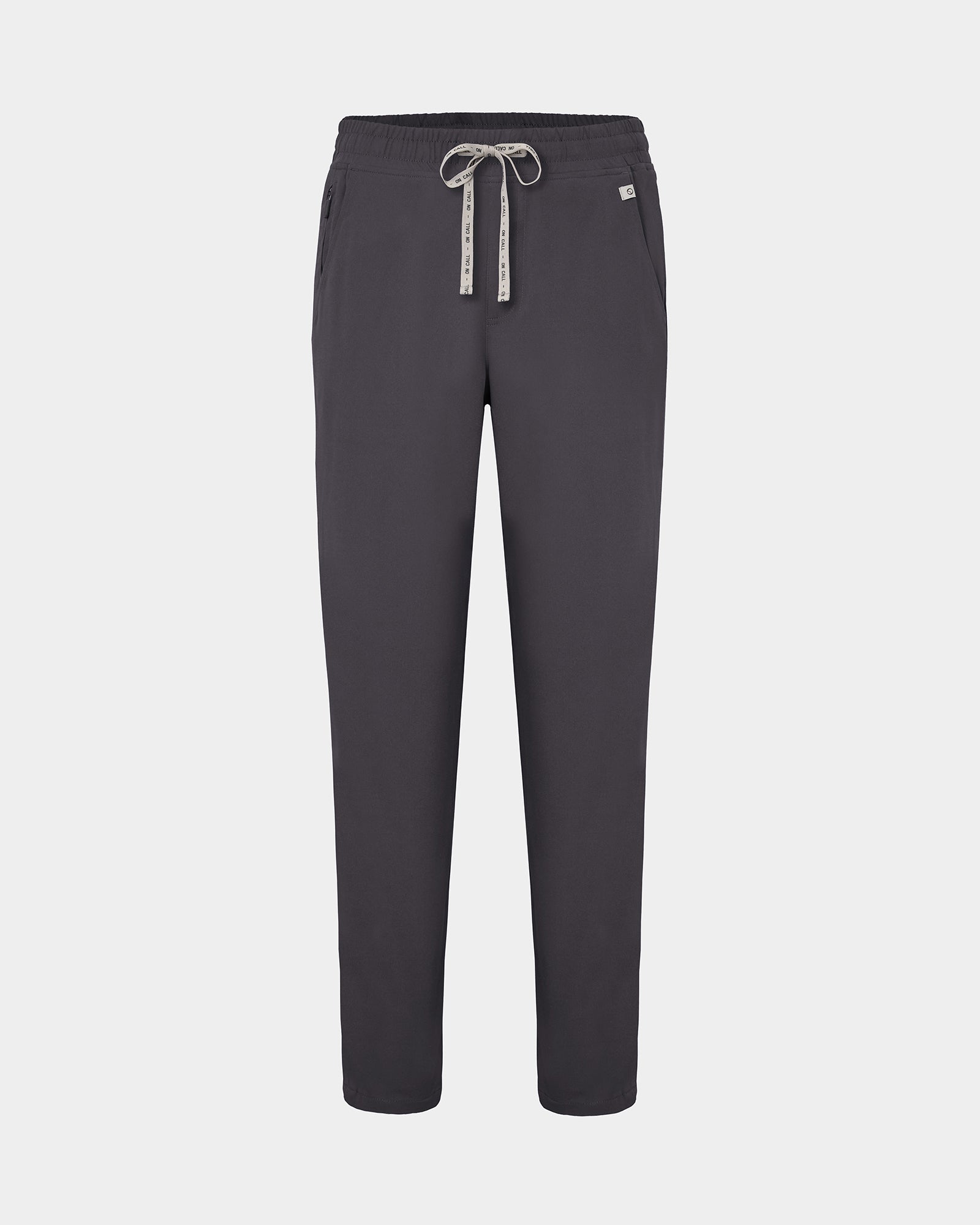 Dark grey straight leg scrub pants with a logo drawstring tie, two waist pockets, including one with a hidden zip compartment.