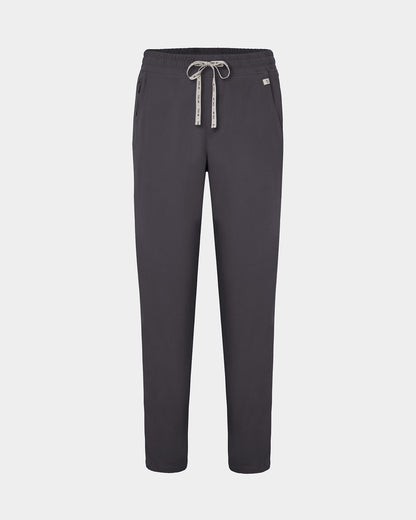 Dark grey straight leg scrub pants with a logo drawstring tie, two waist pockets, including one with a hidden zip compartment.