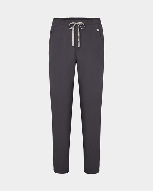 Dark grey straight leg scrub pants with a logo drawstring tie, two waist pockets, including one with a hidden zip compartment.