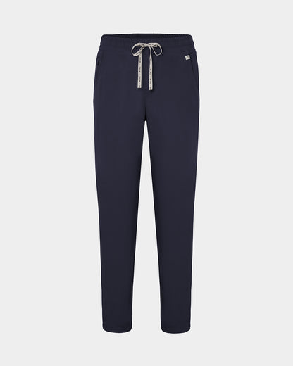 Navy straight leg scrub pants with a logo drawstring tie, two waist pockets, including one with a hidden zip compartment.
