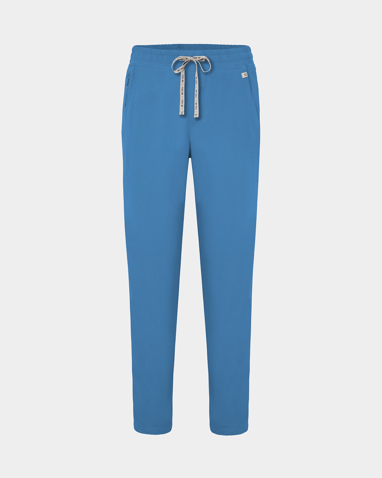 Bright blue straight leg scrub pants with a logo drawstring tie, two waist pockets, including one with a hidden zip compartment.