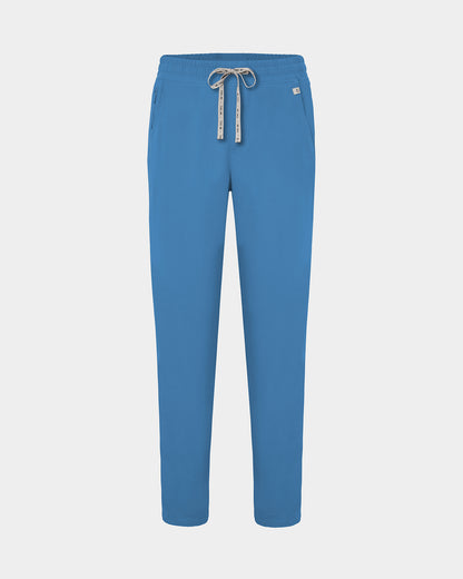 Bright blue straight leg scrub pants with a logo drawstring tie, two waist pockets, including one with a hidden zip compartment.