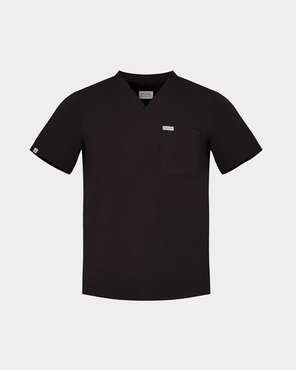 A black short-sleeve scrub top with a V-neck, a chest pocket, and a small white rectangular label on the pocket, displayed against a light gray background.